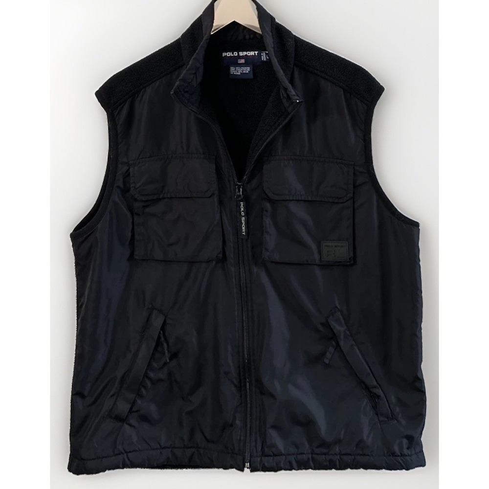 Mens Vintage Y2K Polo Sport Ralph Lauren‎ Utility Vest Black Large Fleece/Nylon